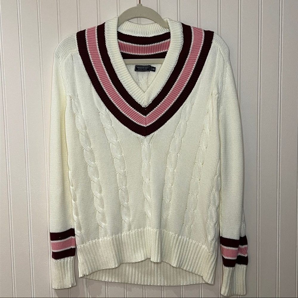 Vineyard Vines Women’s Varsity Cable Knit V Neck 100% Cotton Sweater Size XS